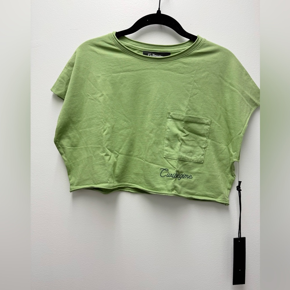 NWT Civil Regime Classic Script Slouchy Cropped Muscle Shirt, Green | Size Small